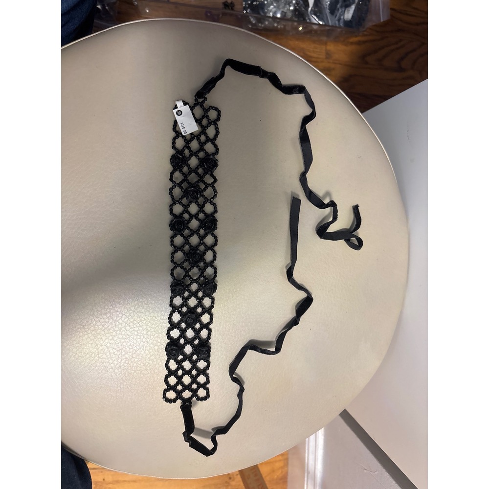 Black‎ Beaded Choker Necklace with Velvet Ribbon and Rose Accents